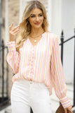 Striped Notched Long Sleeve Blouse