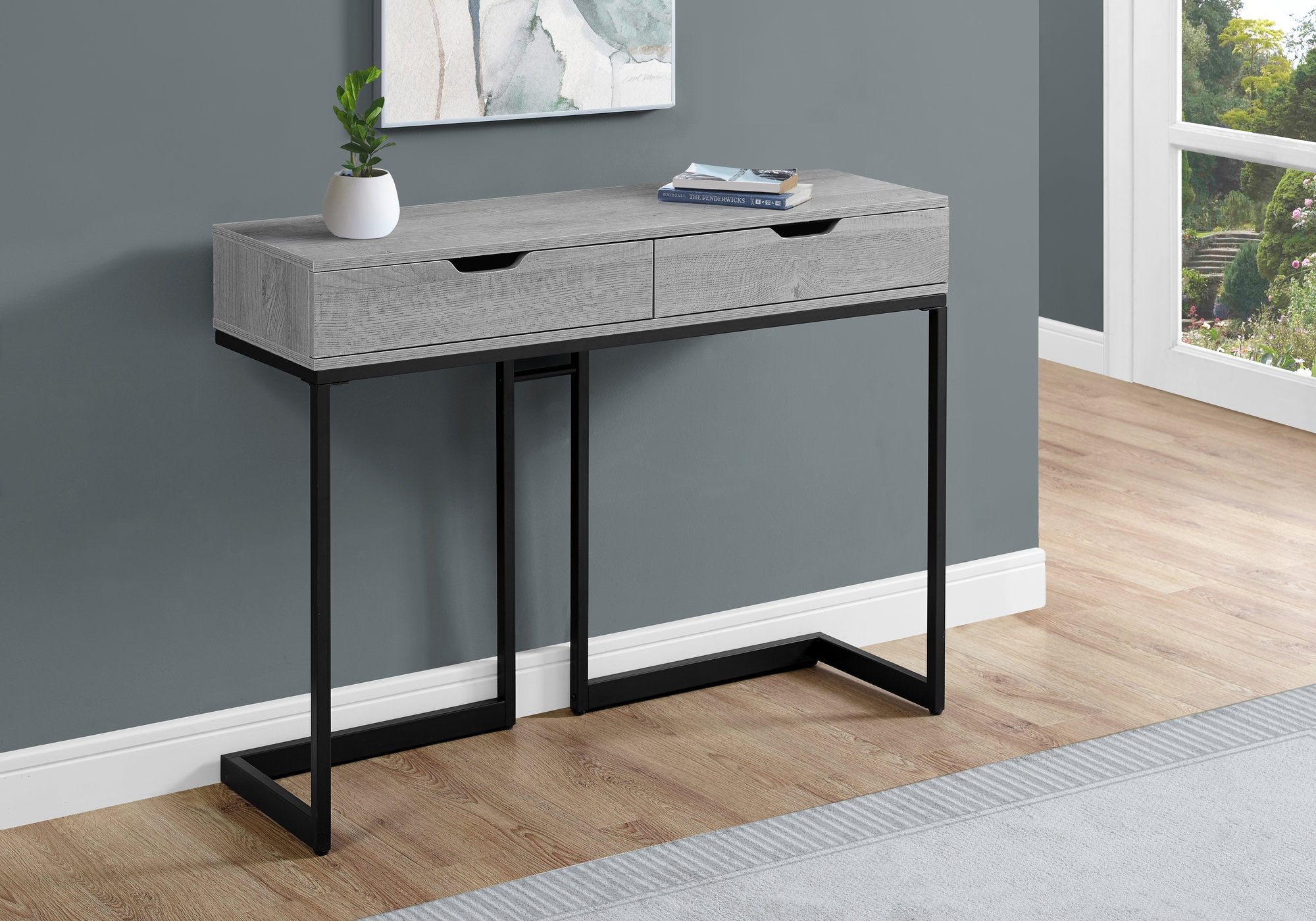 32" Dark Taupe Finish and Black Metal Accent Table