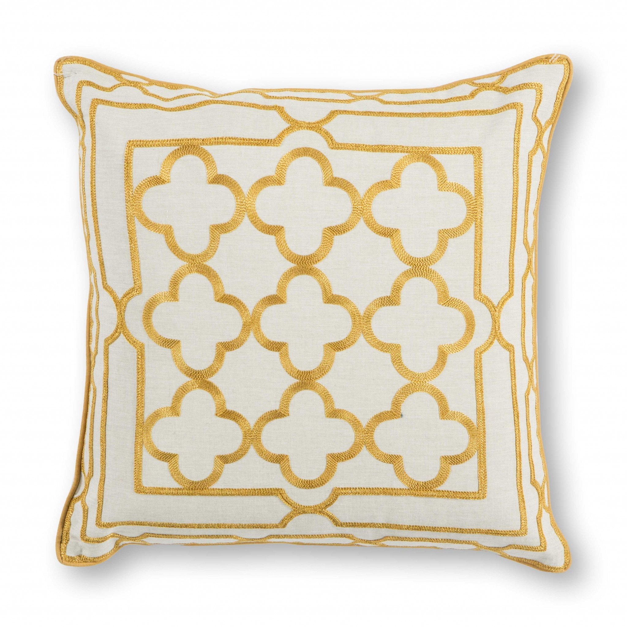 Square White and Gold Quatrefoil Accent Pillow