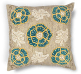 Elegant Square Taupe and Teal Beaded Floral Accent Pillow