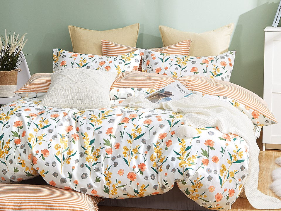 Estella Orange Floral 100% Cotton Reversible Comforter Set
