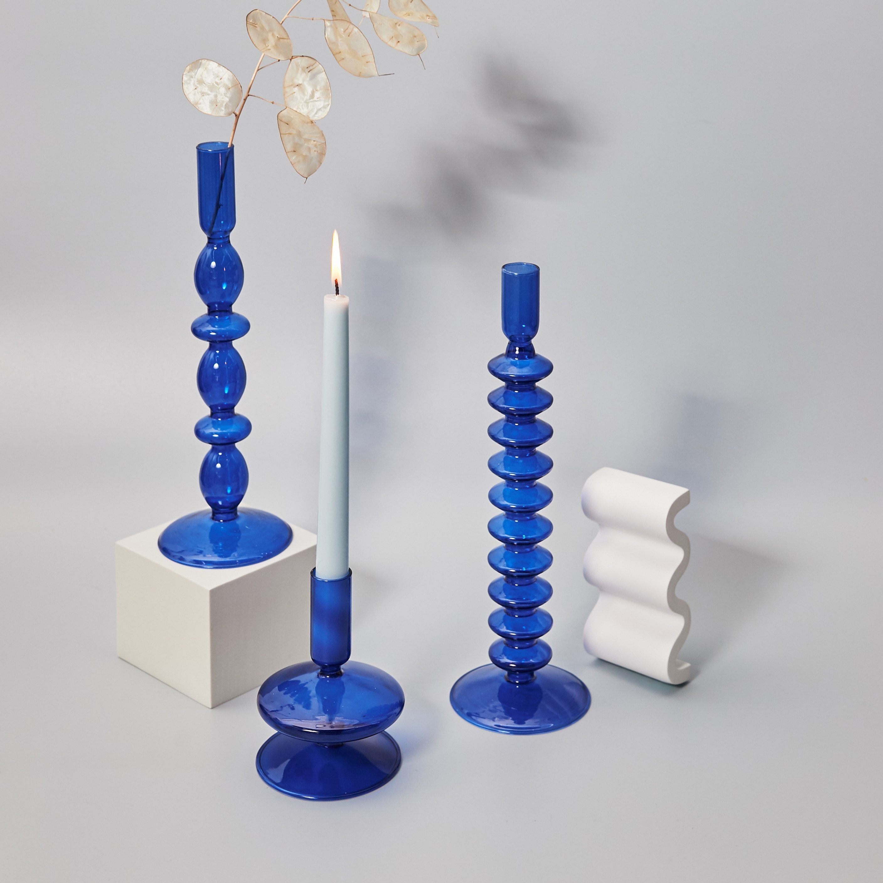Blue Glass Candle Holder & Vase Set