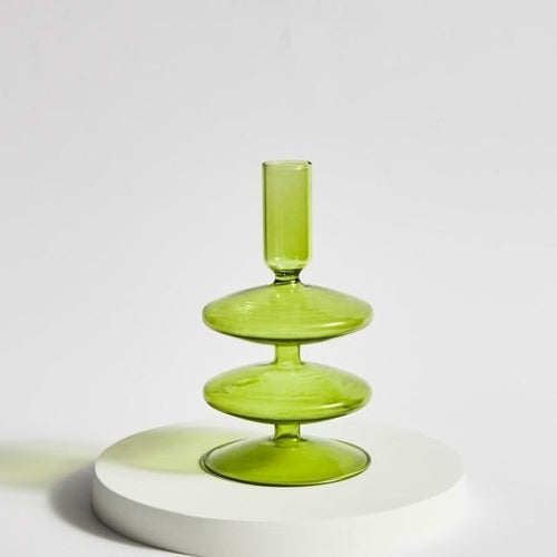 Green Glass Candle Holder & Vase Set