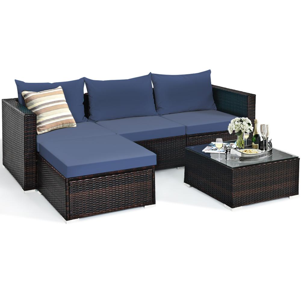 5PCS Patio Rattan Furniture Set Sectional Conversation Sofa w/ Coffee Table HW66521